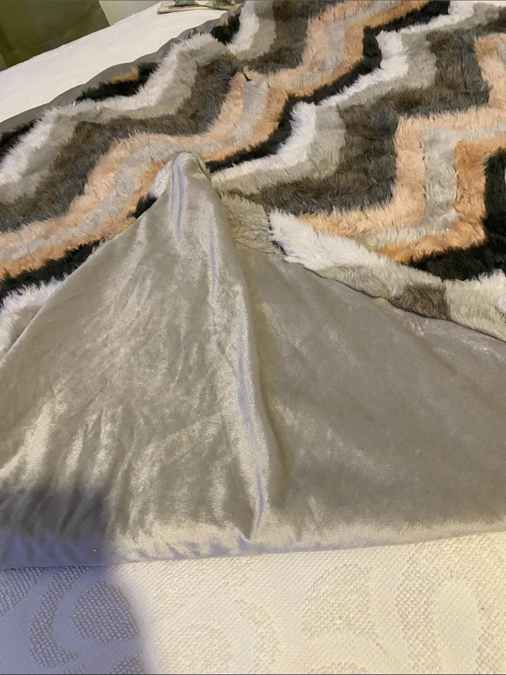 Tahari Chevron Faux Fur Throw Blanket in Cream, Black, Tan, Gray